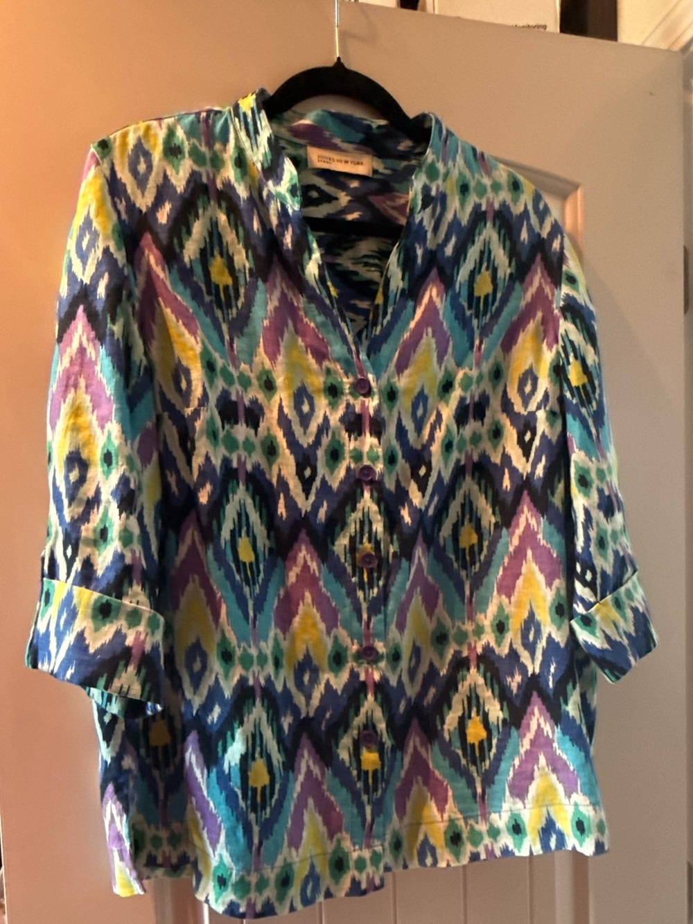 Jones New York Ikat Print Button-Front Blouse in Blue, Purple & Yellow